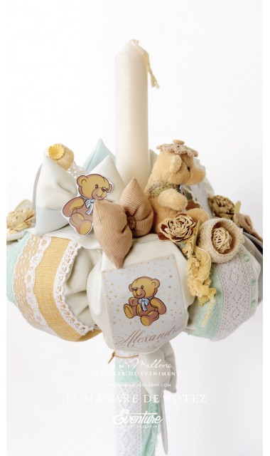 Lumanare de botez pentru baieti cu ursuleti si stelute aurii, 65x4cm, Tiny Teddy Bear 9